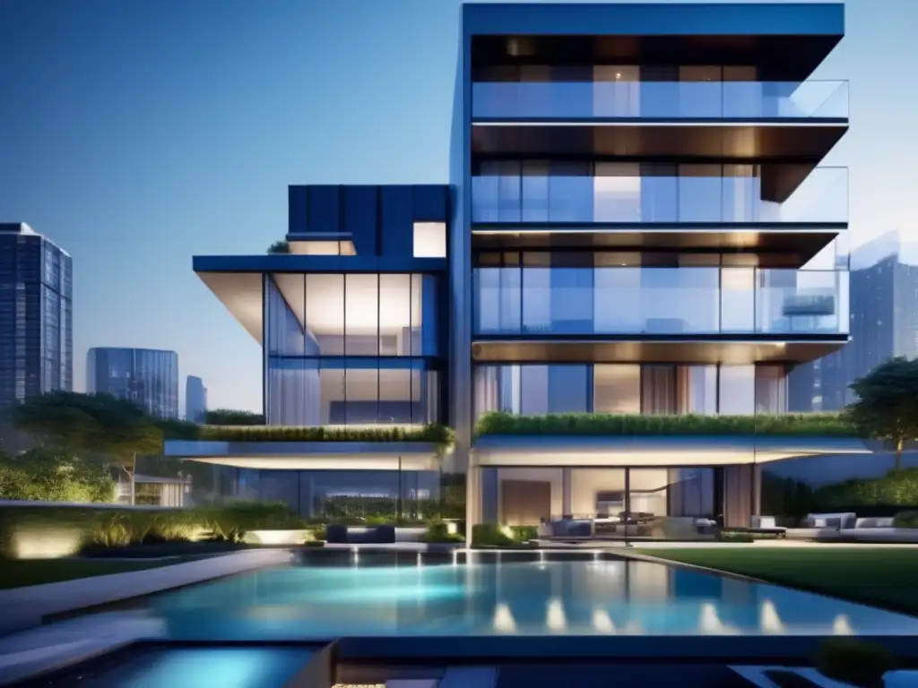 Edificio de apartamentos de lujo en una ciudad vibrante Inversiones inmobiliarias: Edificio lujoso de diseño moderno en 8K, rodeado de jardines y con una fuente serena