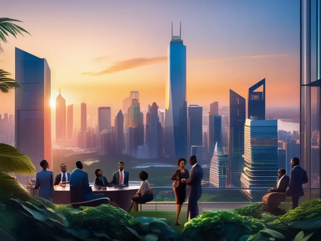 Ciudad moderna al atardecer con profesionales diversificados Inversiones inmobiliarias emergentes: riesgos y recompensas en una ciudad vibrante al atardecer