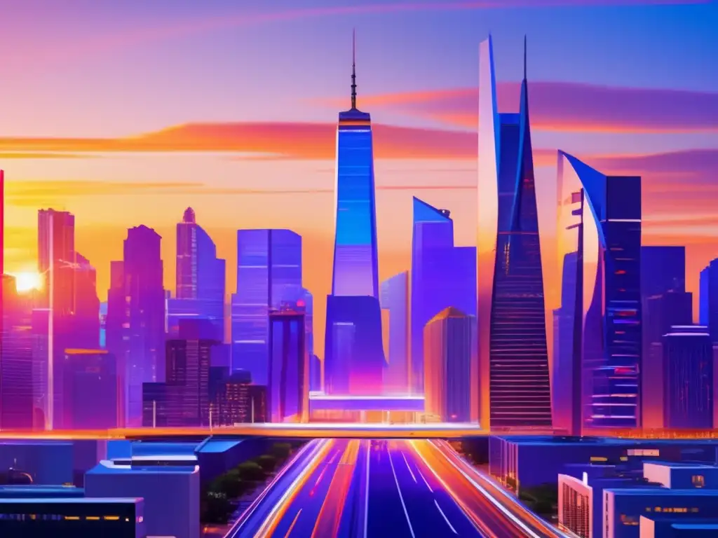 Ciudad moderna al atardecer, rascacielos impresionantes Inversiones inmobiliarias exitosas en auge: Ciudad moderna al atardecer con rascacielos, actividad y vibrantes colores