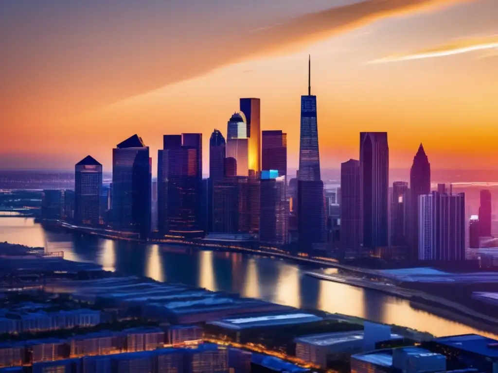 Ciudad moderna al atardecer: mercado inmobiliario vibrante Inversiones inmobiliarias exitosas en auge: moderna ciudad al atardecer, con rascacielos relucientes y vibrante mercado inmobiliario