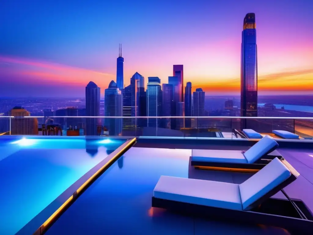 Skyline urbano al atardecer con rascacielos modernos y lujosa terraza Inversiones inmobiliarias para jubilación: Ciudad futurista con rascacielos, colores vibrantes y terraza de lujo