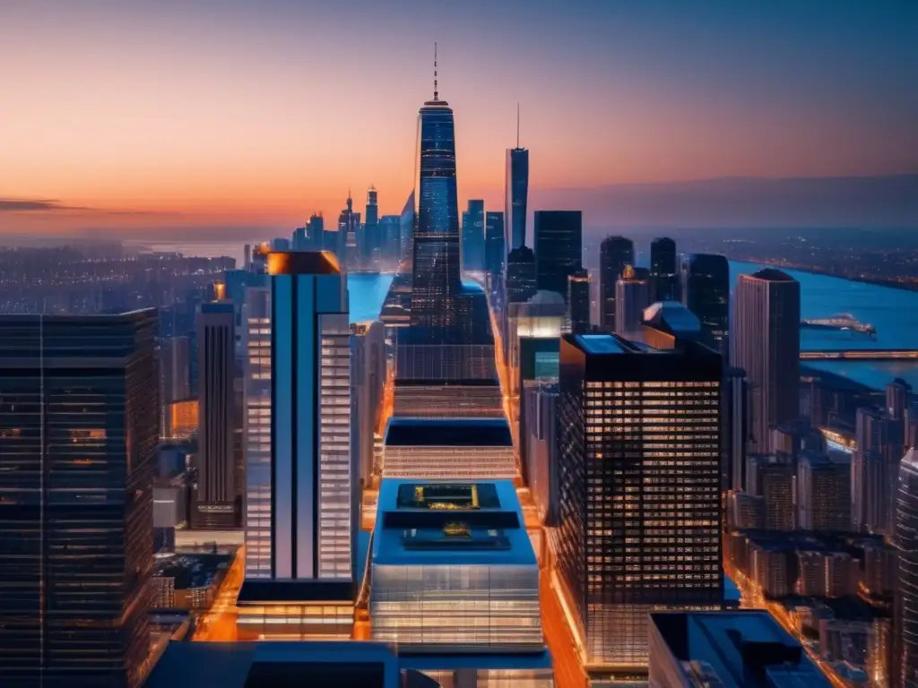 Hermoso paisaje urbano con rascacielos y edificio residencial de lujo Inversiones inmobiliarias postpandemia: Ciudad moderna al atardecer, rascacielos relucientes, edificio residencial lujoso y vibrante metrópolis