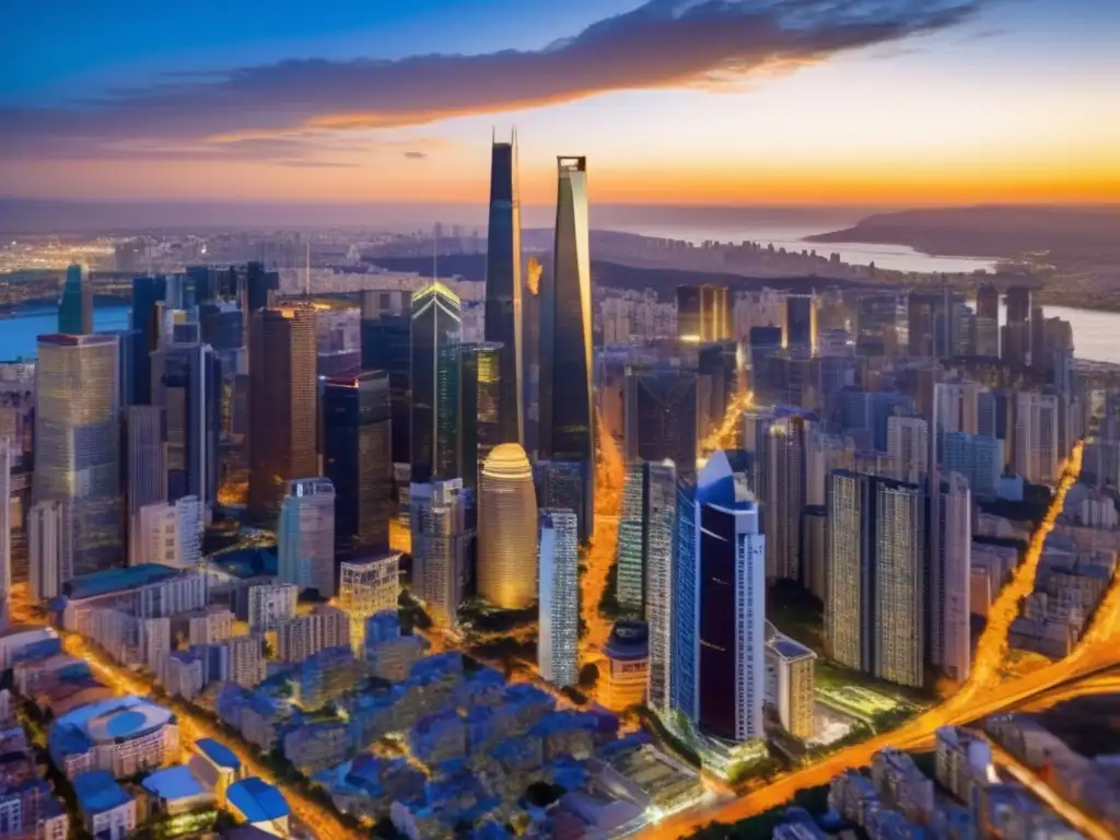 Oportunidades de inversión en una ciudad moderna Guía inversiones inmobiliarias principiantes: Atractiva vista aérea de una moderna ciudad al atardecer