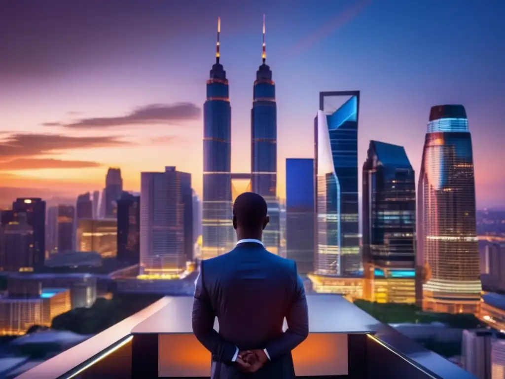 Planificación financiera a largo plazo con skyline de ciudad al atardecer Guía inversiones inmobiliarias principiantes - Ciudad moderna al atardecer, rascacielos iluminados, profesional con plan financiero