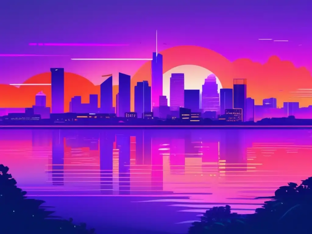 Skyline futurista al atardecer Guía inversiones inmobiliarias principiantes: Ciudad futurista con rascacielos, luces LED y un río sereno