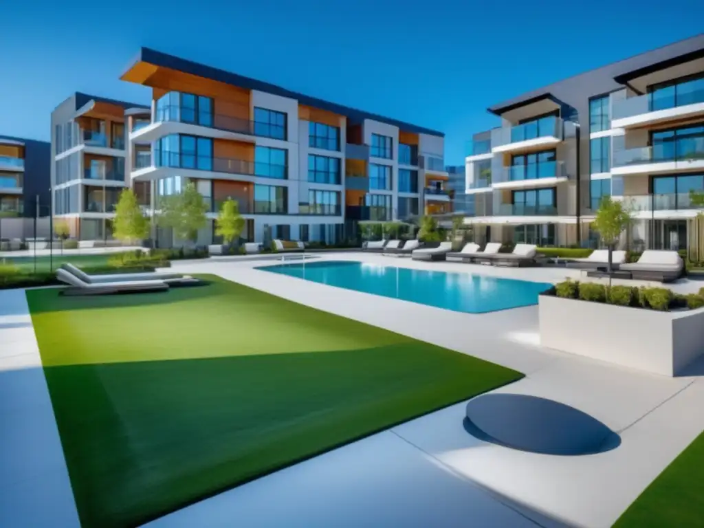 Edificio de apartamentos lujosos y modernos Guía inversiones inmobiliarias principiantes: Lujoso complejo residencial moderno con arquitectura elegante y paisajismo impecable