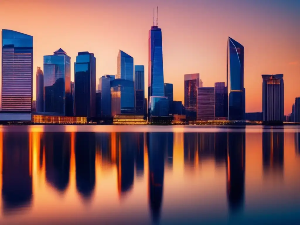 Oportunidades en bienes raíces al atardecer Guía inversiones inmobiliarias principiantes: ciudad moderna al atardecer con rascacielos de vidrio reflejando tonos cálidos del sol