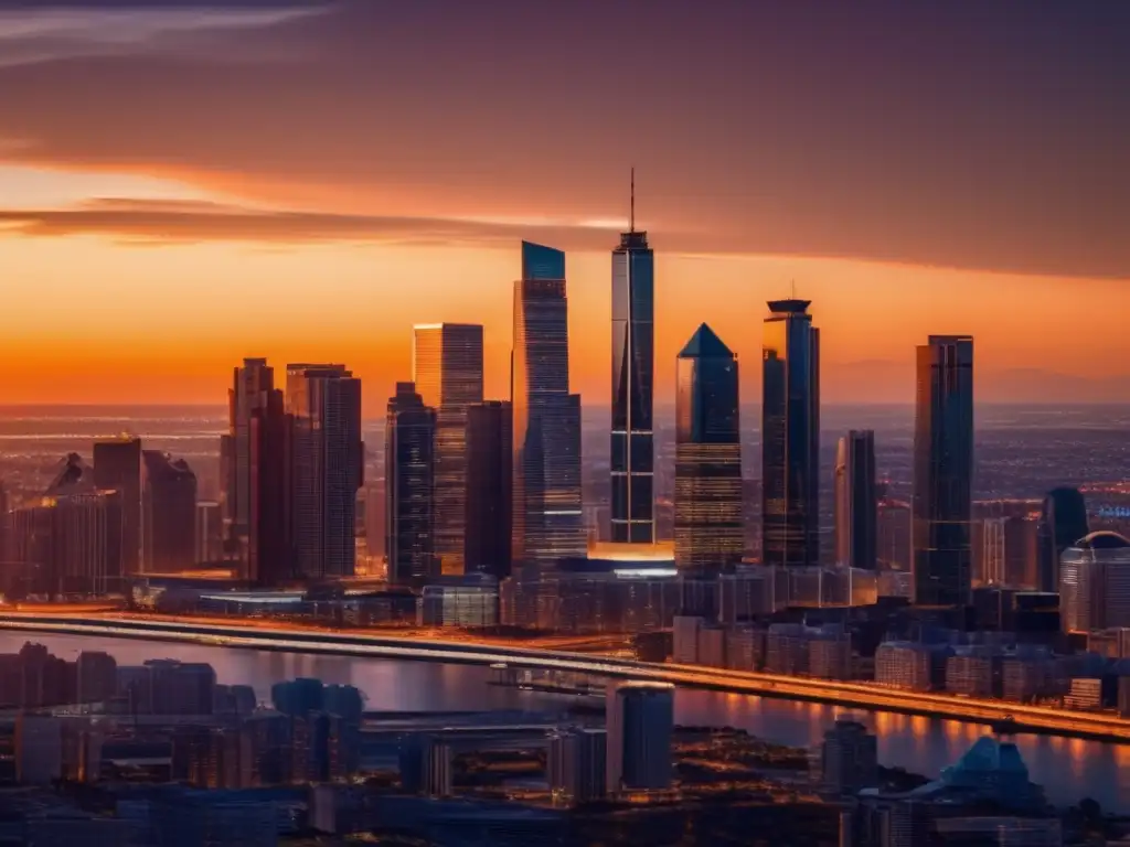 Ciudad moderna al atardecer Guía inversiones inmobiliarias principiantes: Sunset skyline evoca prosperidad, diversificación y oportunidad en bienes raíces