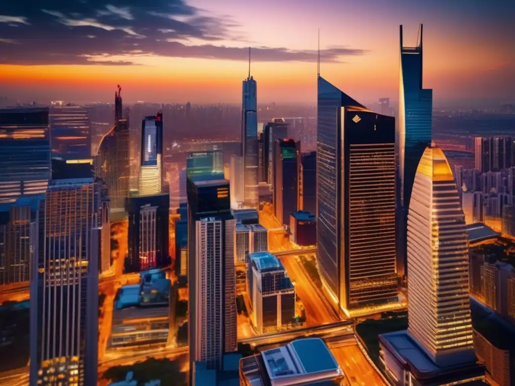 Ciudad moderna al atardecer, vibrante y elegante Inversiones inmobiliarias rentables 2021: Moderna ciudad con rascacielos y energía vibrante al atardecer