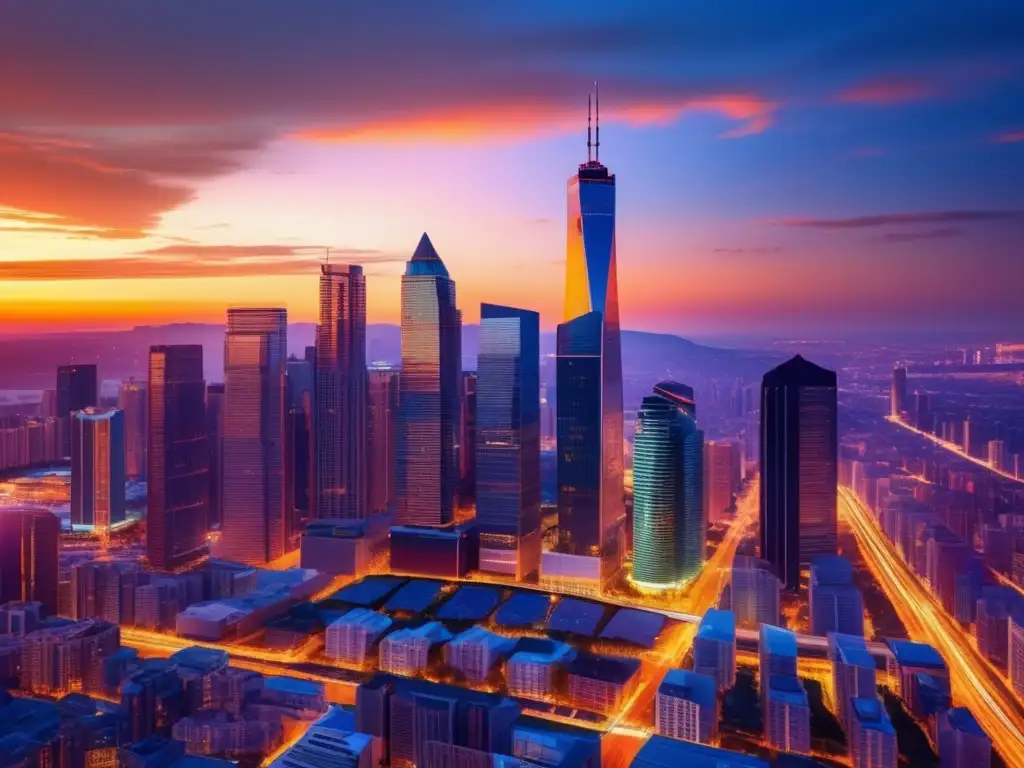 Vibrante ciudad al atardecer: mercado inmobiliario Inversiones inmobiliarias rentables 2021 en vibrante ciudad urbana con rascacielos, autos y lujo