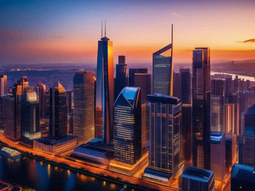 Ciudad moderna y próspera al atardecer Inversiones inmobiliarias rentables 2021: Ciudad vibrante con rascacielos modernos, reflejando la luz dorada del atardecer