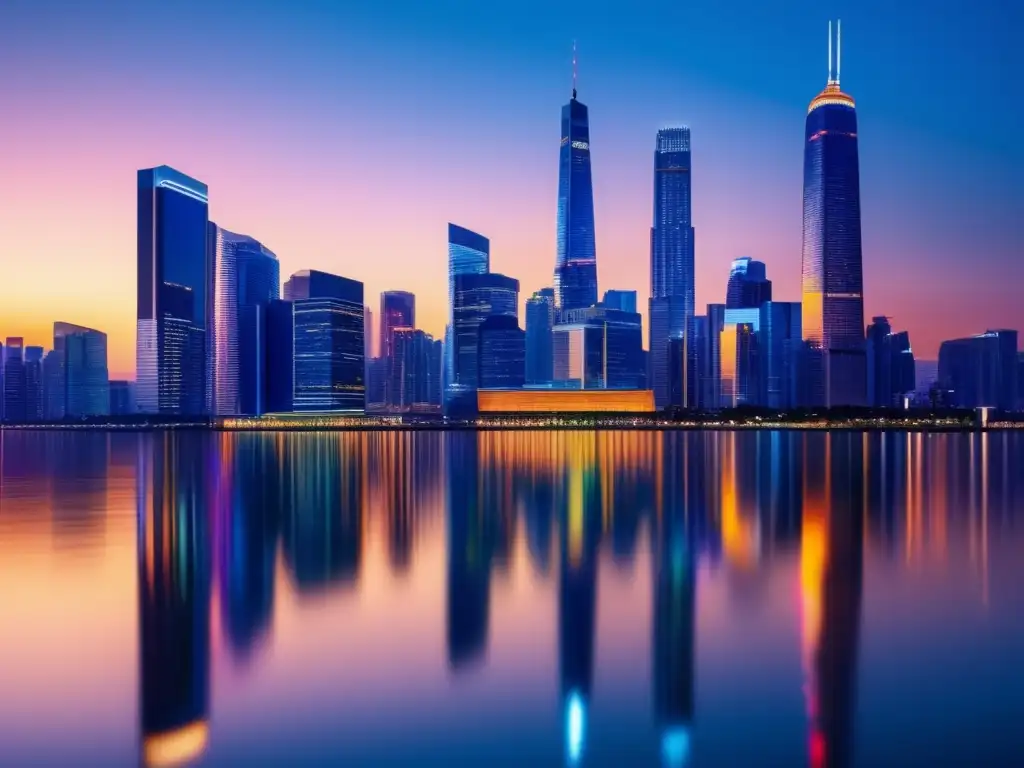 Ciudad moderna iluminada de noche Inversiones inmobiliarias rentables 2021: Ciudad moderna iluminada, rascacielos y prosperidad