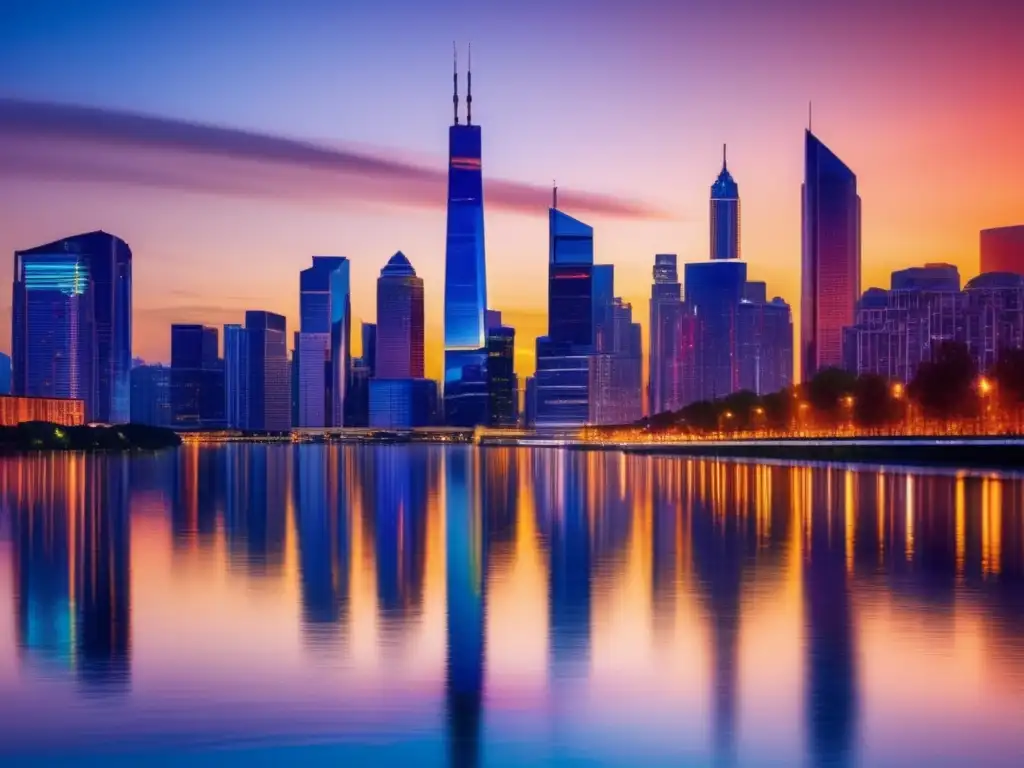 Ciudad moderna con rascacielos elegantes y vibrante atardecer Inversiones inmobiliarias rentables: Ciudad moderna con rascacielos altos y sofisticados, iluminada por la luz cálida del atardecer