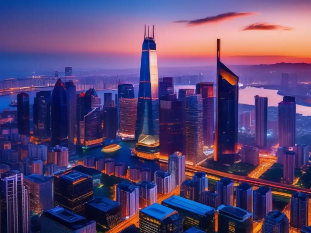 Ciudad moderna al atardecer, símbolo de oportunidades Inversiones inmobiliarias rentables en moderna ciudad con rascacielos iluminados al atardecer