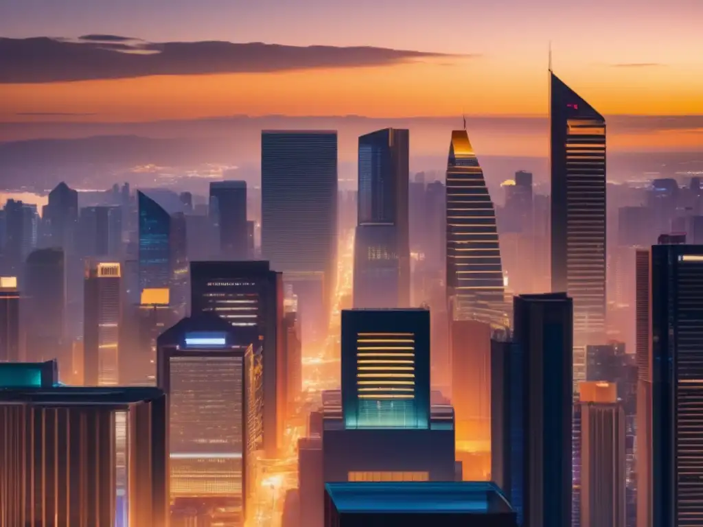 Ciudad moderna al atardecer: energía y prosperidad Inversiones inmobiliarias rentables en una vibrante metrópolis al atardecer