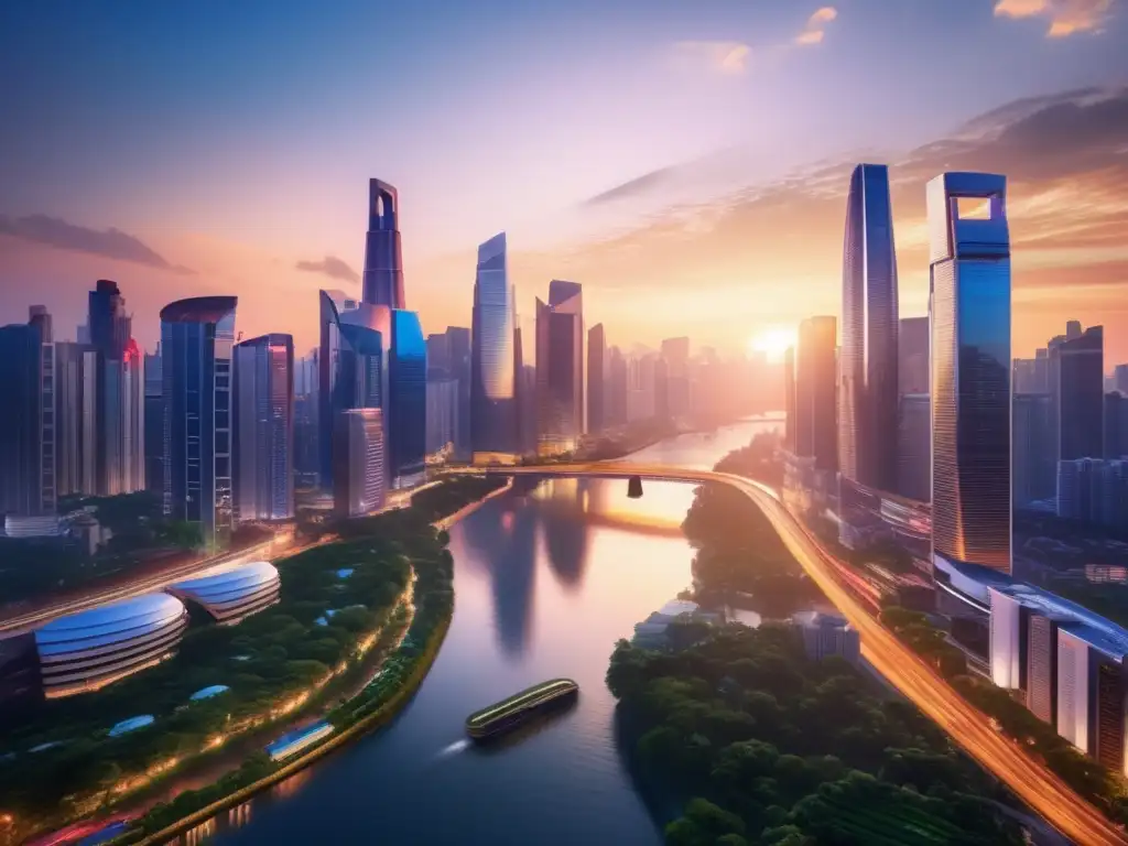 Ciudad asiática vibrante al atardecer Inversiones inmobiliarias seguras en Asia: Ciudad asiática en 8k con impresionante skyline y vibrante energía