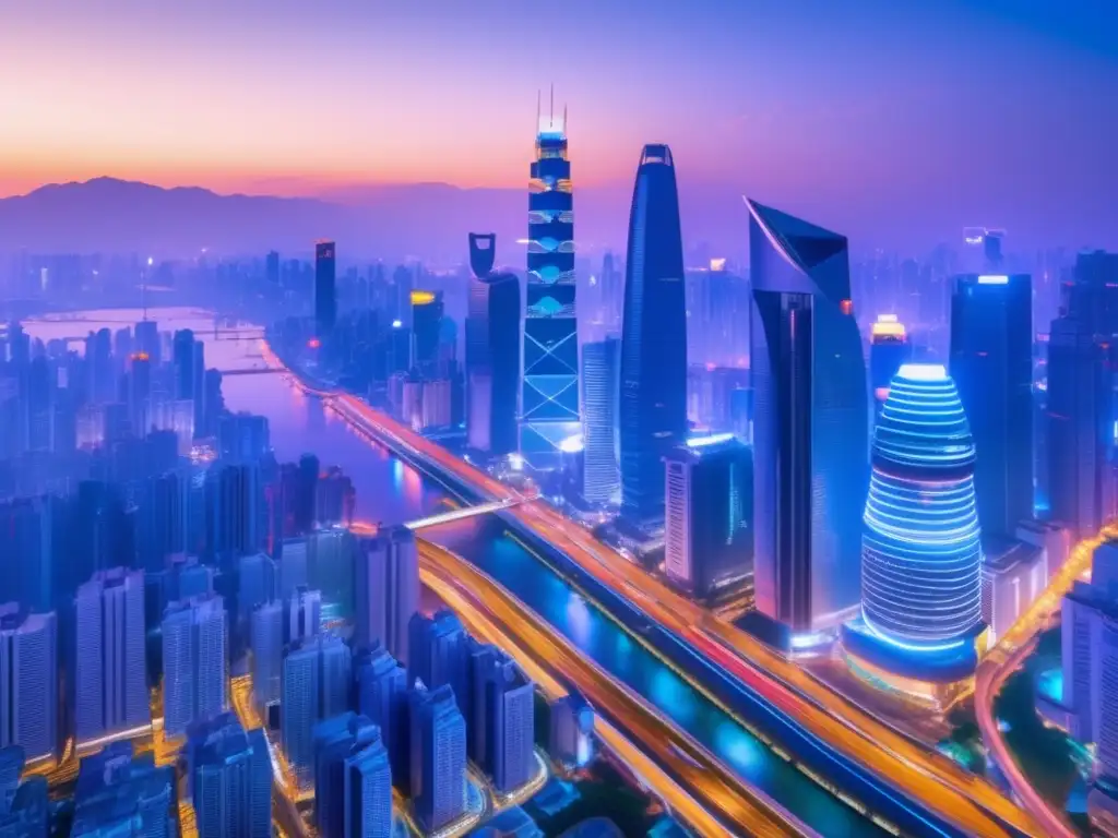 Skyline asiática moderna al atardecer Inversiones inmobiliarias seguras en Asia: Skyline futurista de una ciudad asiática vibrante al anochecer
