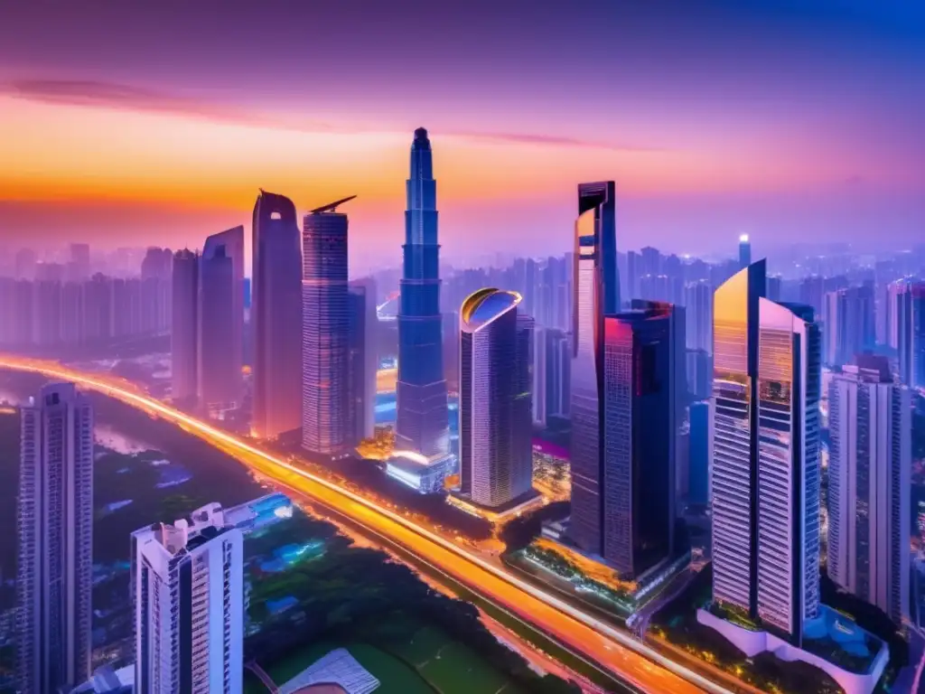 Ciudad asiática moderna al atardecer Inversiones inmobiliarias seguras en Asia, ciudad moderna al atardecer con rascacielos, arquitectura elegante y ambiente próspero