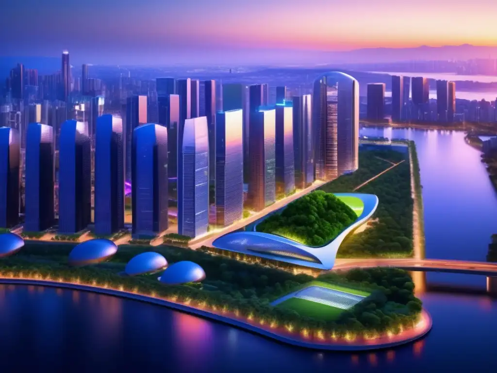 Hermosa ciudad sostenible al atardecer Inversiones inmobiliarias sostenibles: Ciudad moderna con rascacielos sostenibles, naturaleza integrada, transporte ecofriendly y desarrollo urbano