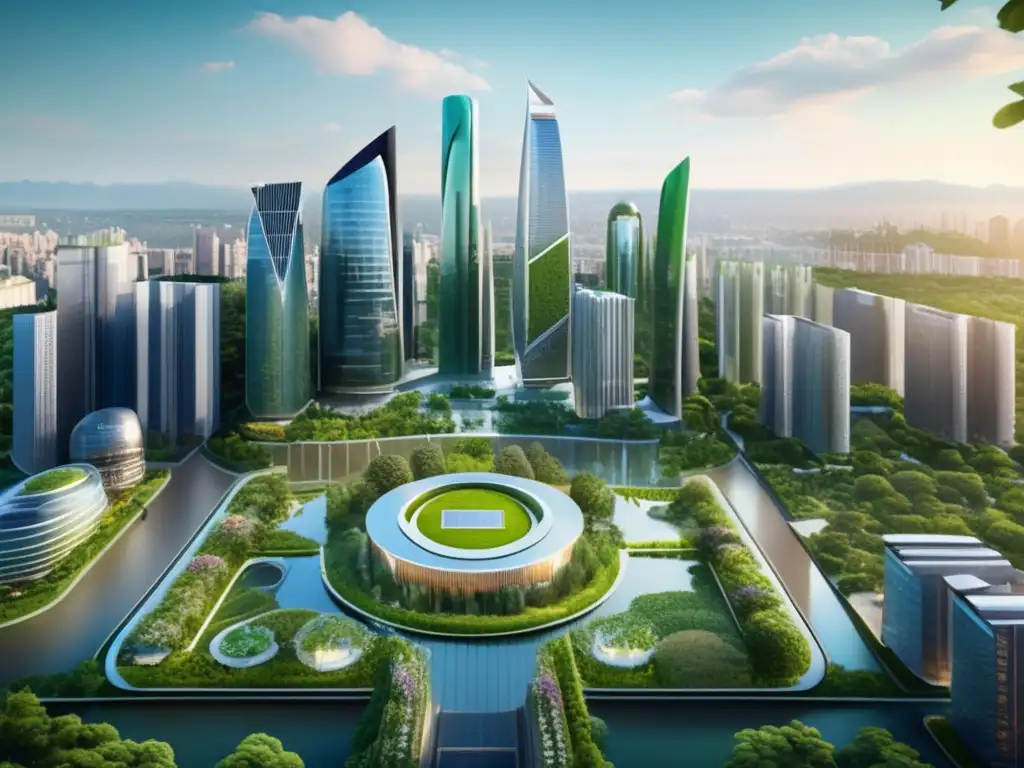 Ciudad moderna con arquitectura sostenible Inversiones inmobiliarias sostenibles en una ciudad urbana moderna con rascacielos, parque verde y prácticas eco