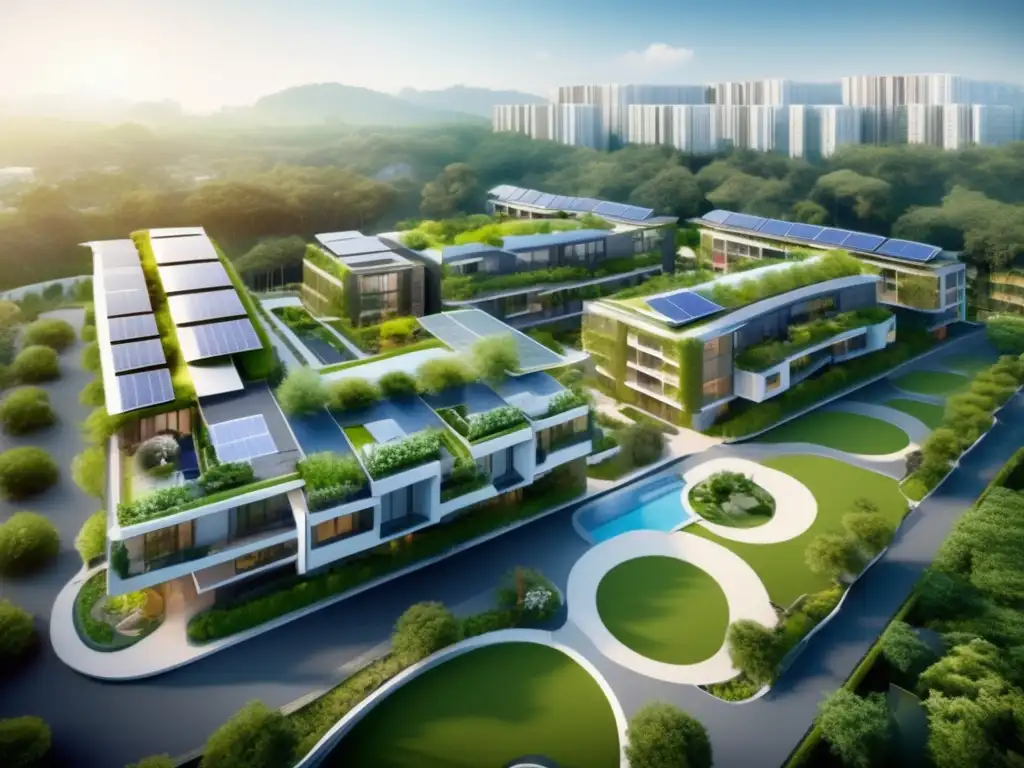 Comunidad residencial sostenible en medio de la naturaleza Inversiones inmobiliarias sostenibles en complejo residencial moderno rodeado de vegetación