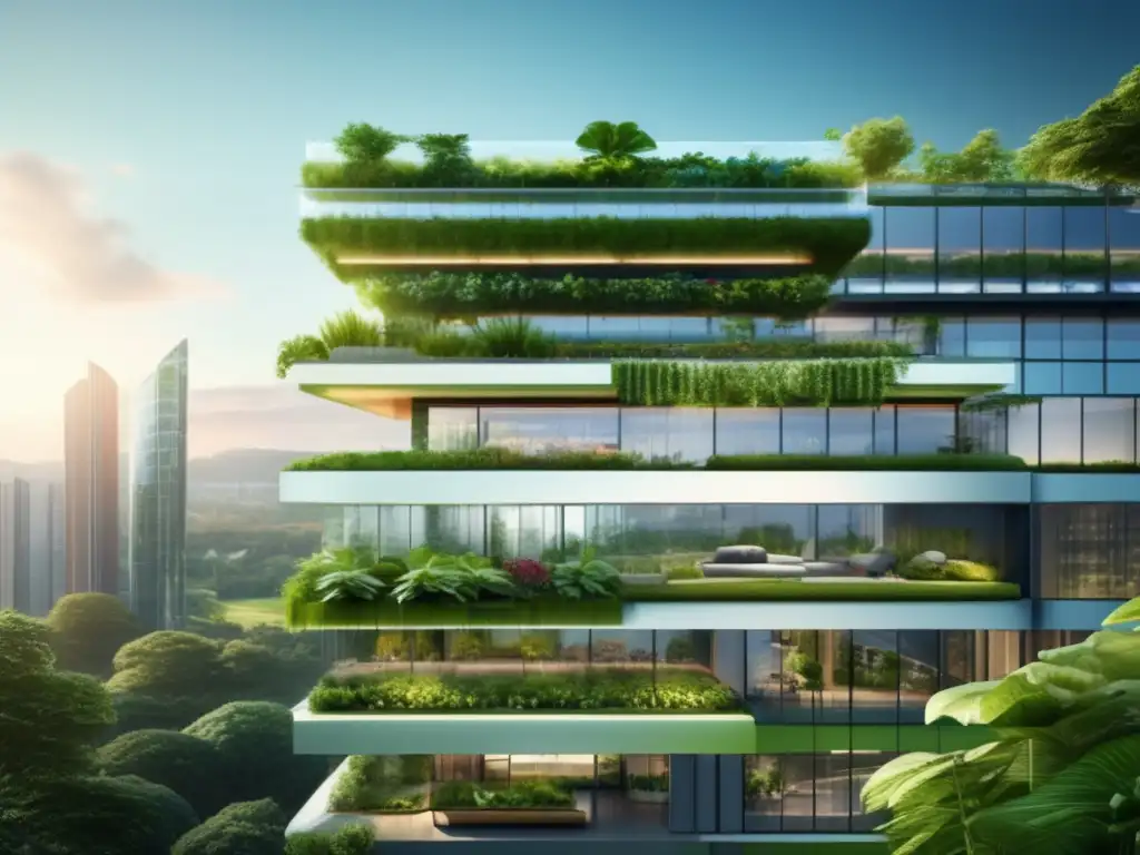 Rascacielos sostenible en entorno verde Inversiones inmobiliarias sostenibles: rascacielos moderno y sostenible con diseño energético y armonía con la naturaleza