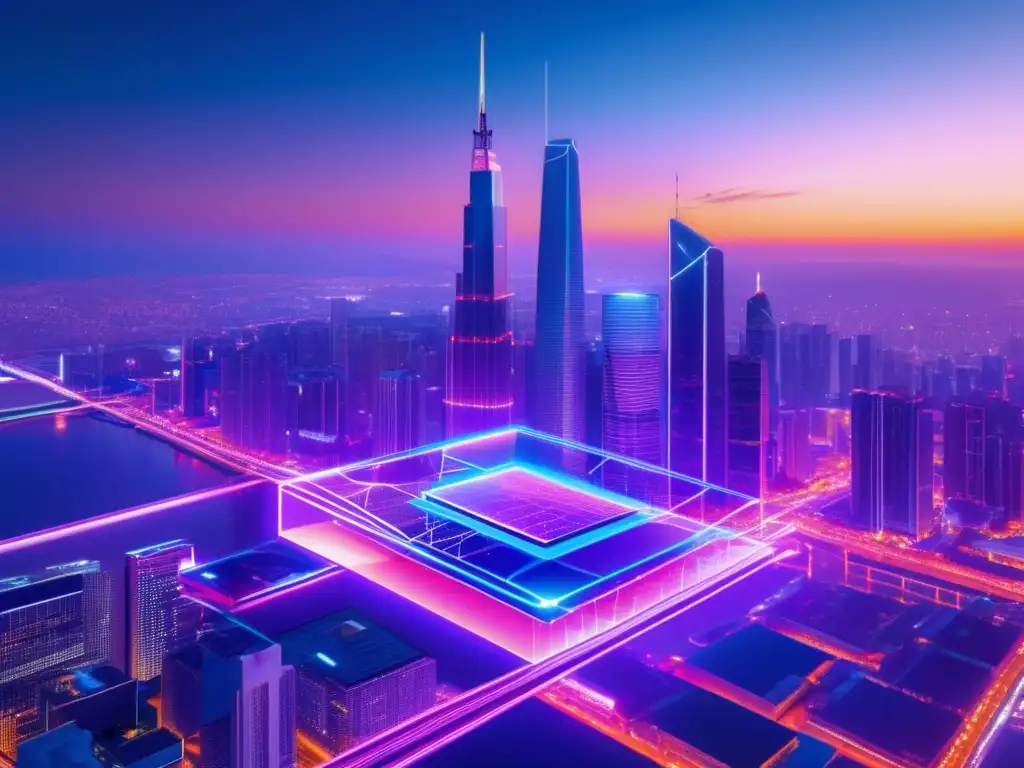 Ciudad futurista con rascacielos y tecnología blockchain Inversiones inmobiliarias con tecnología blockchain en una ciudad futurista iluminada por neones y conectada por líneas brillantes