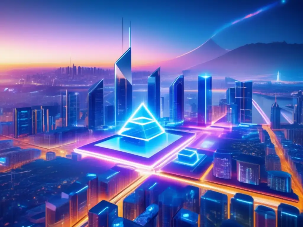 Futurista ciudad blockchain Inversiones inmobiliarias con tecnología blockchain en futurista ciudad con rascacielos de vidrio y acero