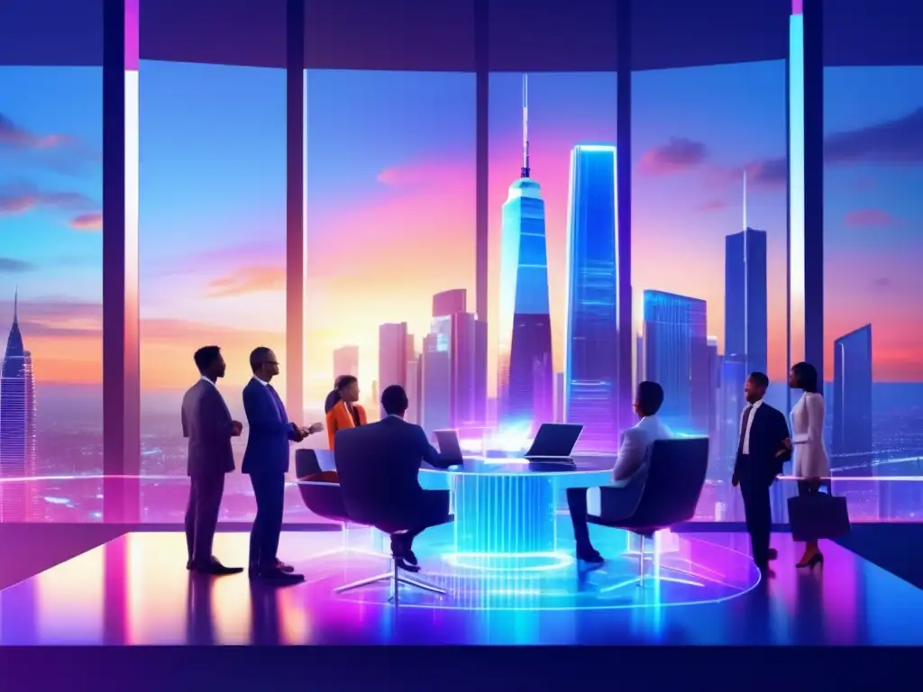 Futuro de inversiones inmobiliarias con blockchain Inversiones inmobiliarias con tecnología blockchain: Ciudad futurista al atardecer con rascacielos y profesionales colaborando en una mesa holográfica
