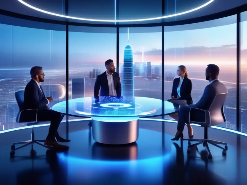 Oficina futurista con IA Inversiones en Inteligencia Artificial: Casos Reales en una oficina futurista con profesionales analizando datos y tomando decisiones