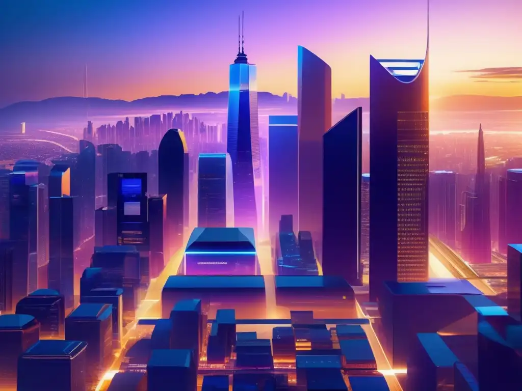 Ciudad futurista con IA en IPO Inversiones en IPOs con IA: Futurista ciudad con rascacielos, arquitectura moderna y flujos de datos luminosos