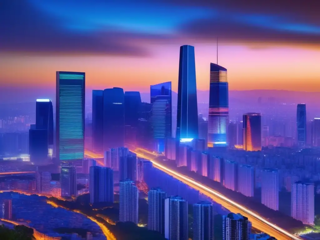 Futuro Financiero Tecnológico: Ciudad Futurista Inversiones FinTech a largo plazo: Ciudad futurista con rascacielos modernos, tecnología avanzada y AR