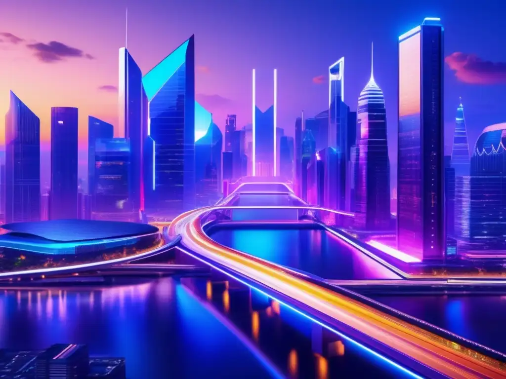 Futuro de la tecnología financiera Inversiones FinTech a largo plazo en una futurista ciudad con rascacielos, tecnología y oportunidad