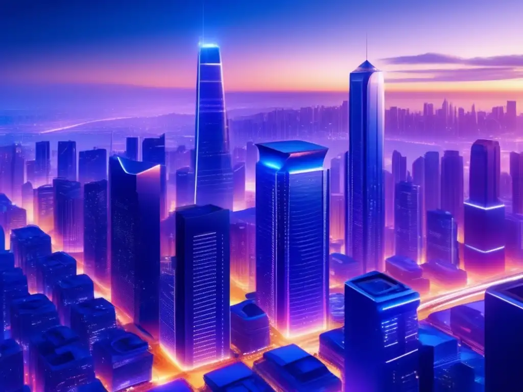 Futurista ciudad tecnológica Inversiones FinTech a largo plazo en una futurista ciudad con rascacielos, arquitectura vanguardista y tecnología financiera-