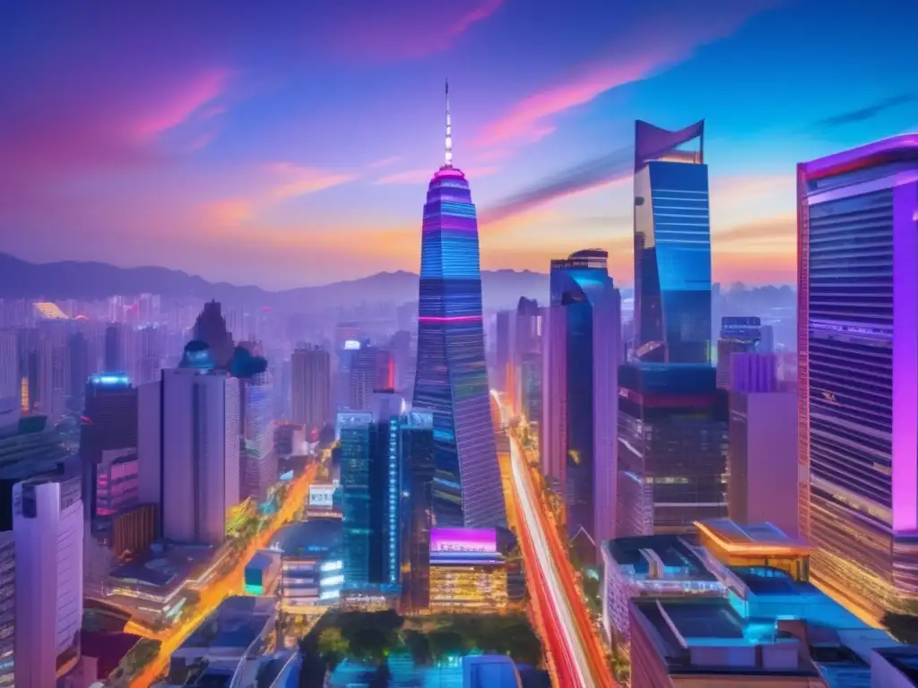 Ciudad futurista con rascacielos y luces neon Inversiones en América Latina y Asia Emergente, ciudad vibrante con arquitectura fusión y diversidad cultural