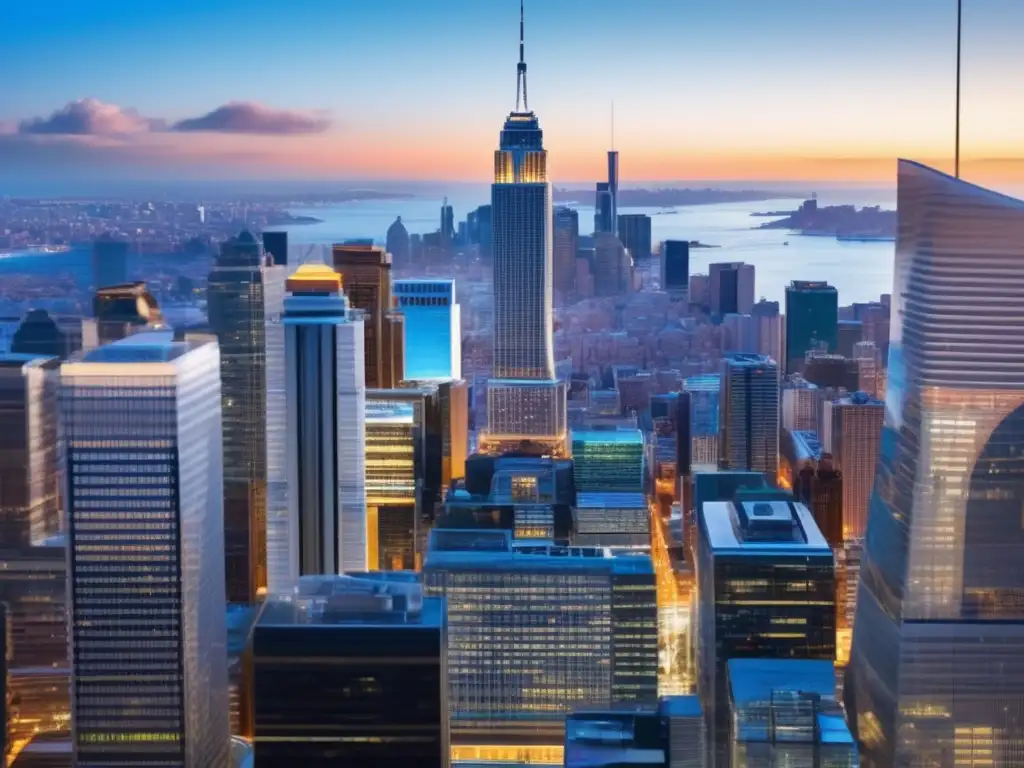Panorama financiero en América Latina y Asia Emergente Inversiones en América Latina y Asia Emergente: Vista panorámica de distrito financiero vibrante con rascacielos modernos y cielos azules