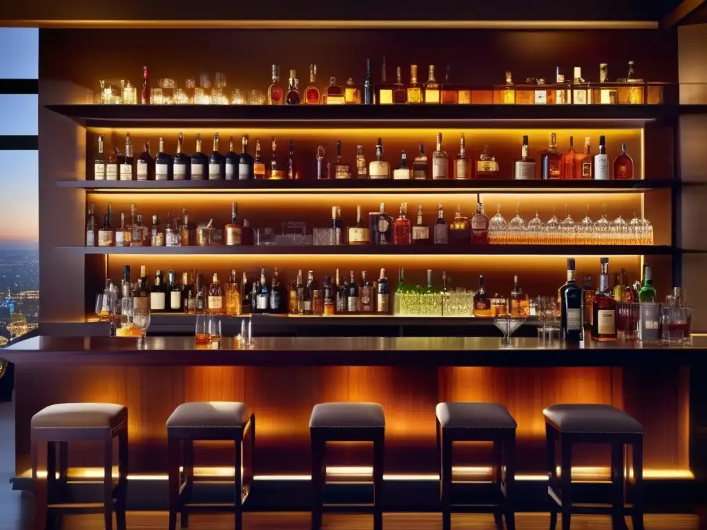 Barra de licores exclusivos iluminados Inversiones en licores añejos rentables: bar elegante y exclusivo con botellas de colores ricos y estantes iluminados