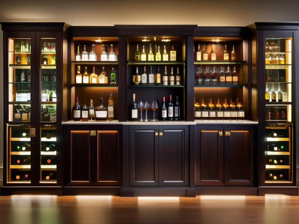 Elegante licorera de madera oscura Inversiones en licores añejos rentables: imagen lujosa de un mueble bar moderno, oscuro y elegante, con puertas de vidrio que revelan una colección exquisita de licores envejecidos