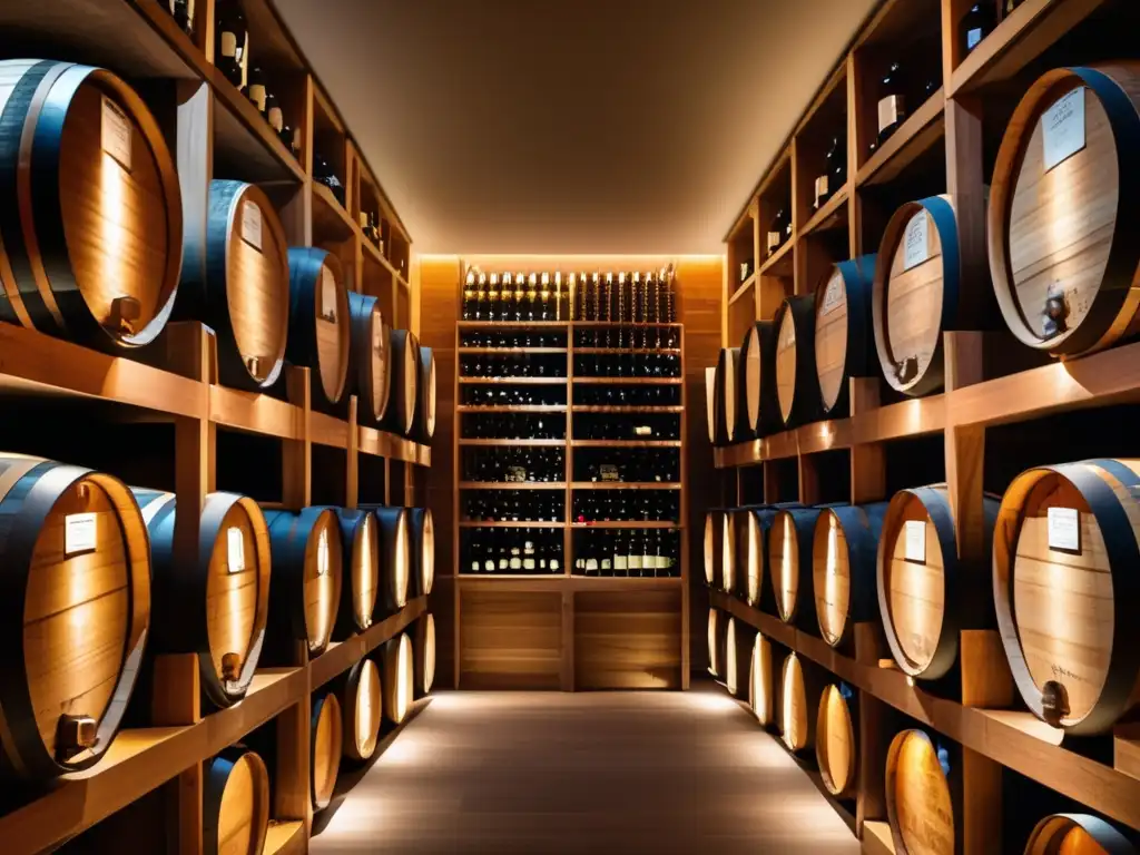 Lujosa bodega de vinos con barricas de roble Inversiones en licores añejos rentables: una bodega moderna y lujosa con barriles de roble etiquetados con nombres de licores añejos