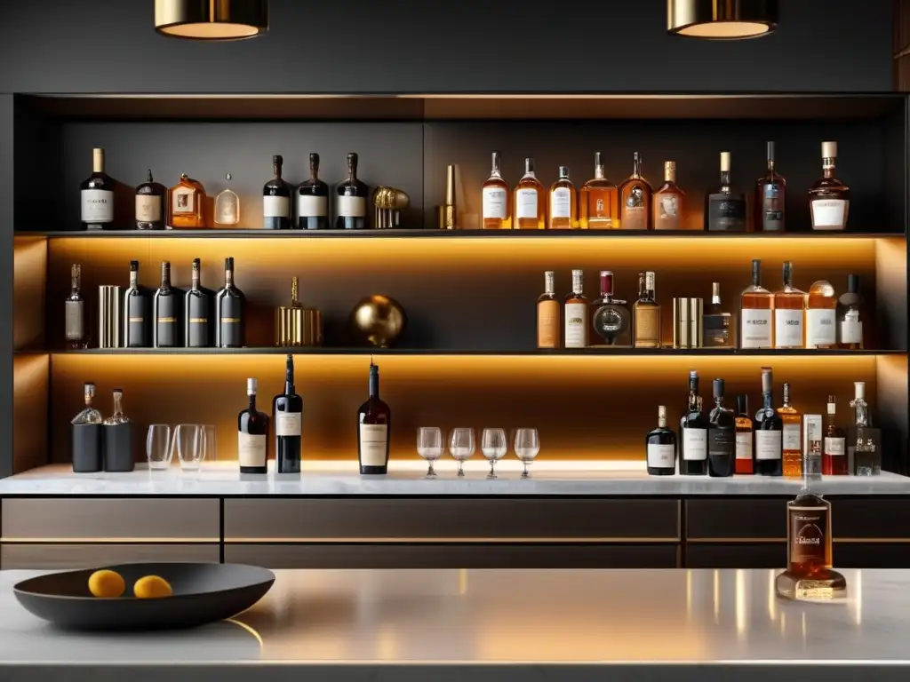 Elegante bar en casa con licores añejos Inversiones en licores añejos rentables: barra de casa lujosa con diseño minimalista, botellas de licor exquisitas y copas de cristal