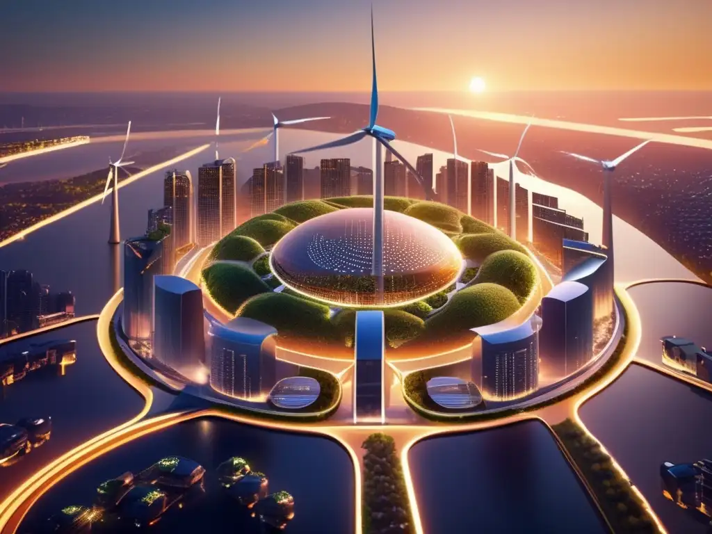 Ciudad futurista sostenible Inversiones tecnología limpia futuro sostenible: ciudad futurista con edificios verdes, energía solar y vehículos eléctricos
