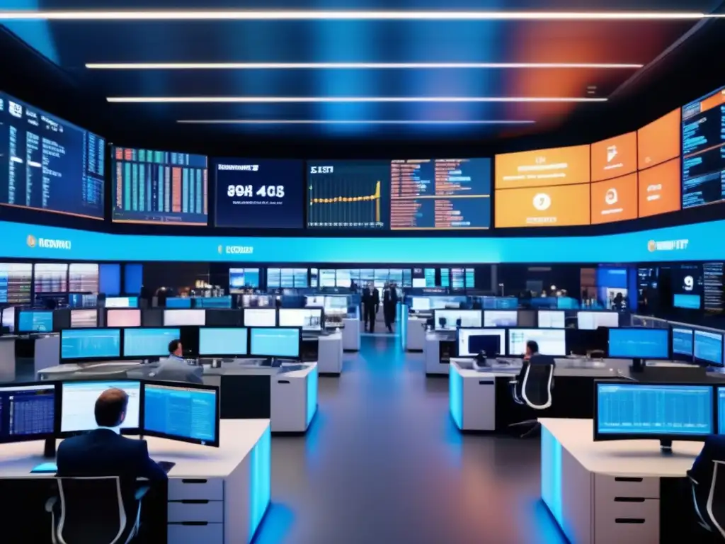 Traders de commodities en ciudad europea Inversiones en materias primas Europa: Piso comercial europeo moderno con traders, tecnología avanzada y ambiente profesional