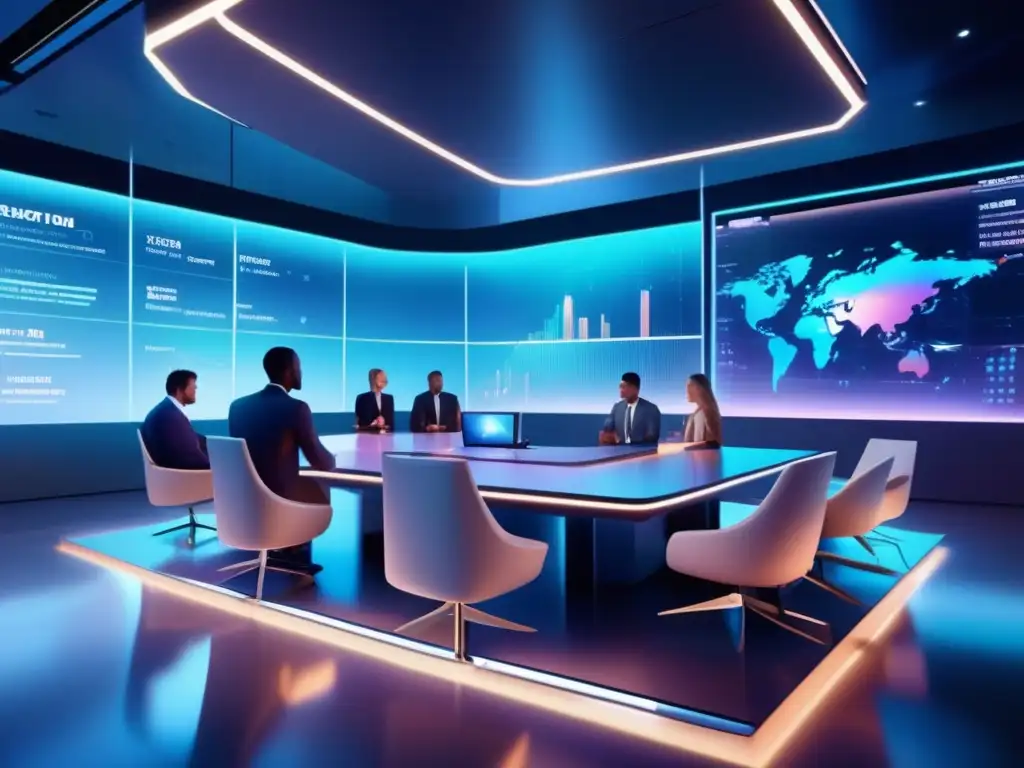 Traders en piso de comercio futurista Inversiones en materias primas: trading futurista con tecnología de vanguardia