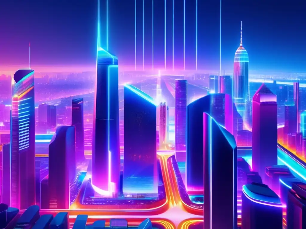 Futuro tecnológico: Ciudad futurista con datos y luces neón Inversiones en megatendencias tecnológicas: Futurista ciudad con rascacielos, luces de neón, hologramas y coches autónomos