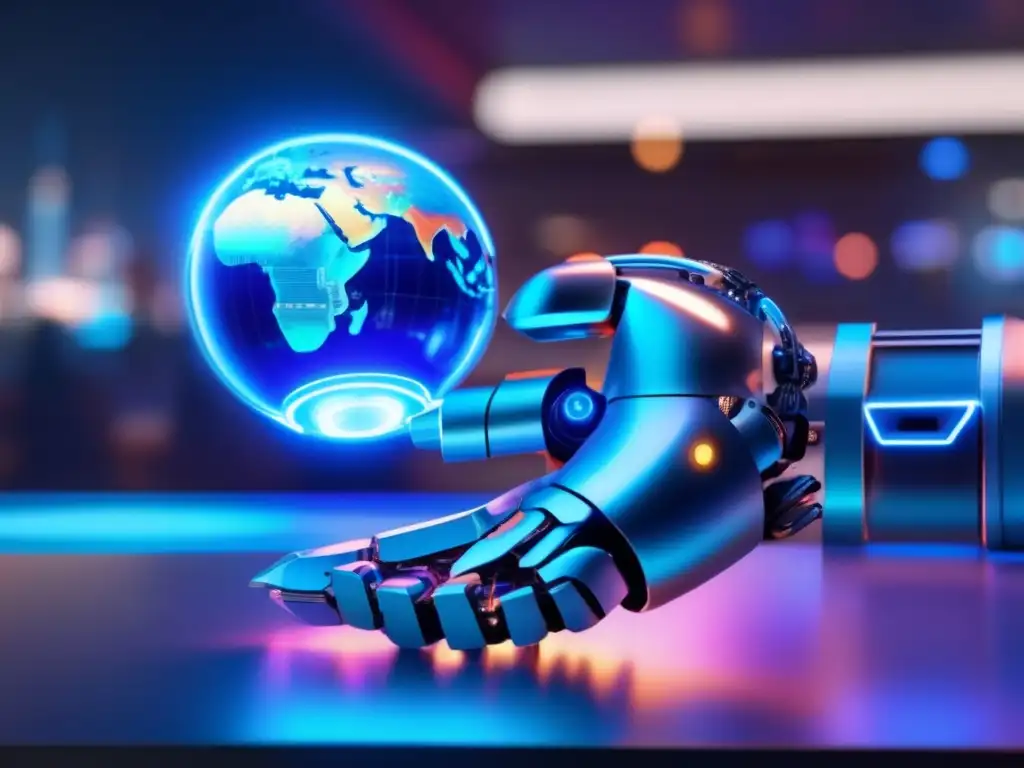 Futuro tecnológico: Brazo robótico sostiene globo Inversiones en megatendencias tecnológicas: Futuro tecnológico con armas robóticas, hologramas y avances vanguardistas