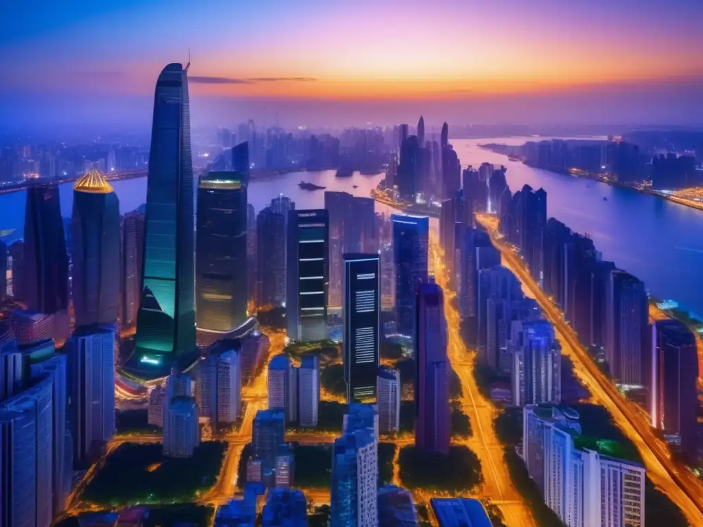 Ciudad vibrante al atardecer Inversiones en mercados emergentes: Ciudad en crecimiento, rascacielos, personas activas, oportunidades de negocio