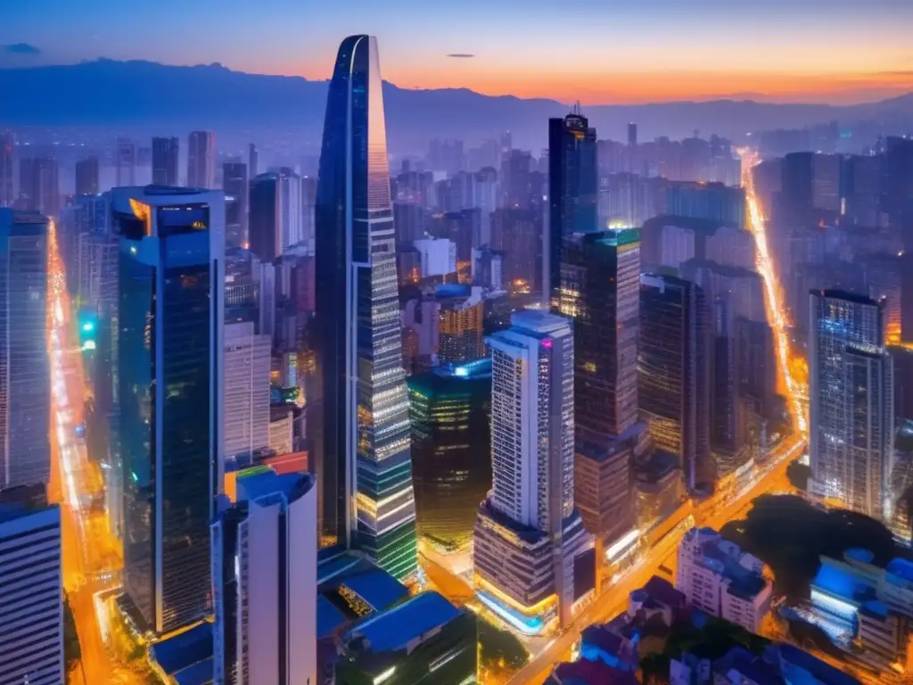 Metrópolis latinoamericana en crecimiento Inversiones en mercados emergentes: Ciudad dinámica al atardecer, con rascacielos altos y modernos iluminados por el sol