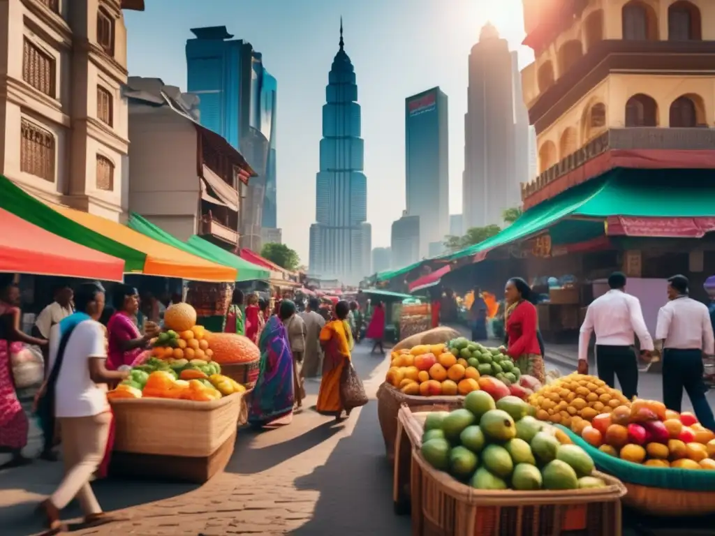 Ciudad vibrante en mercado emergente Inversiones en mercados emergentes: Escena urbana vibrante, con rascacielos modernos, gente de diferentes culturas y vendedores ambulantes