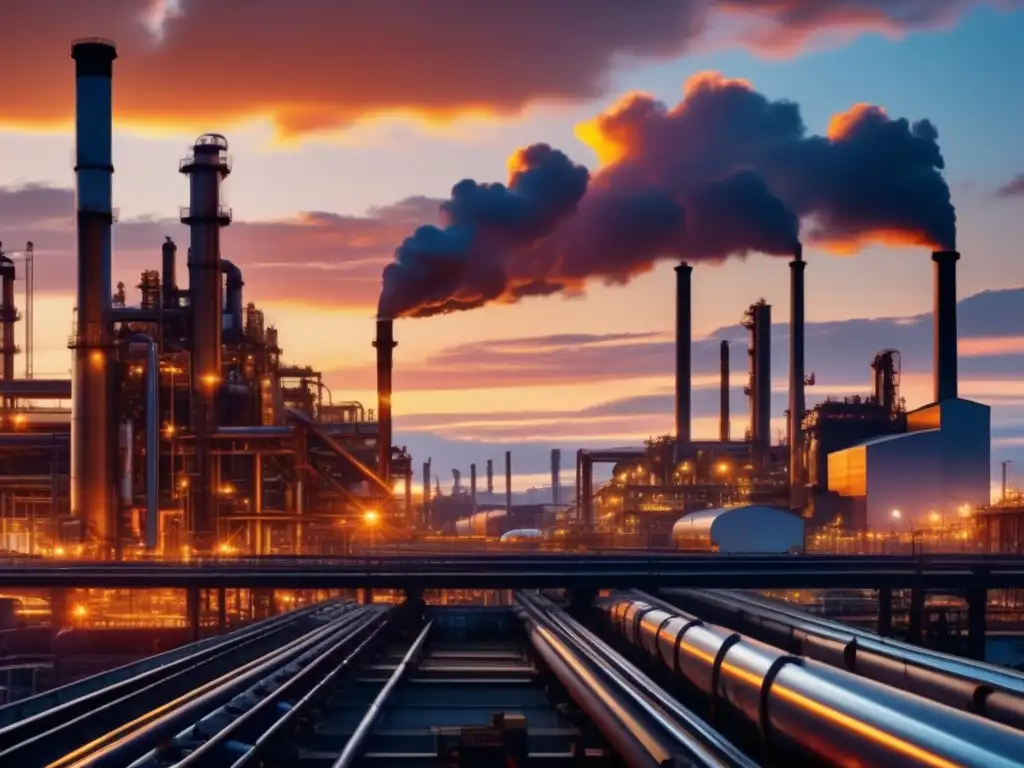 Industria metálica en atardecer vibrante Inversiones en metales industriales: Imagen impactante de paisaje industrial con fábricas, molinos y acero al atardecer