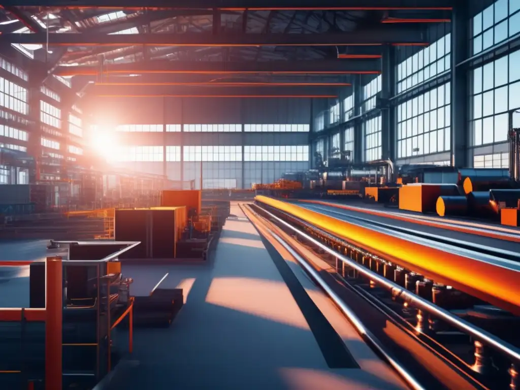 Eficiencia y progreso en una fábrica moderna Inversiones en metales industriales: Fábrica moderna, maquinaria, trabajadores y paisaje industrial metálico reflejando eficiencia y progreso